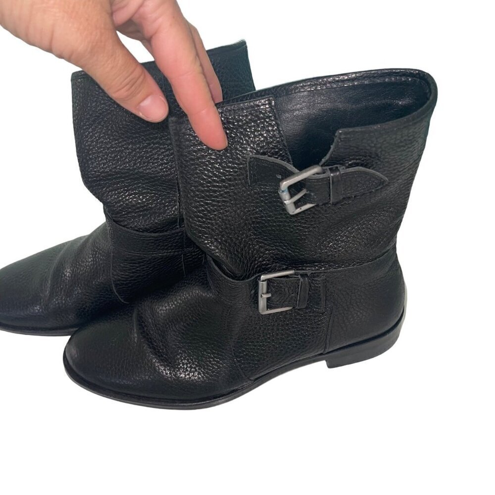 J Crew Womens Boots Size 8 Black Pebble Leather Short Moto Biker Buckle Detail